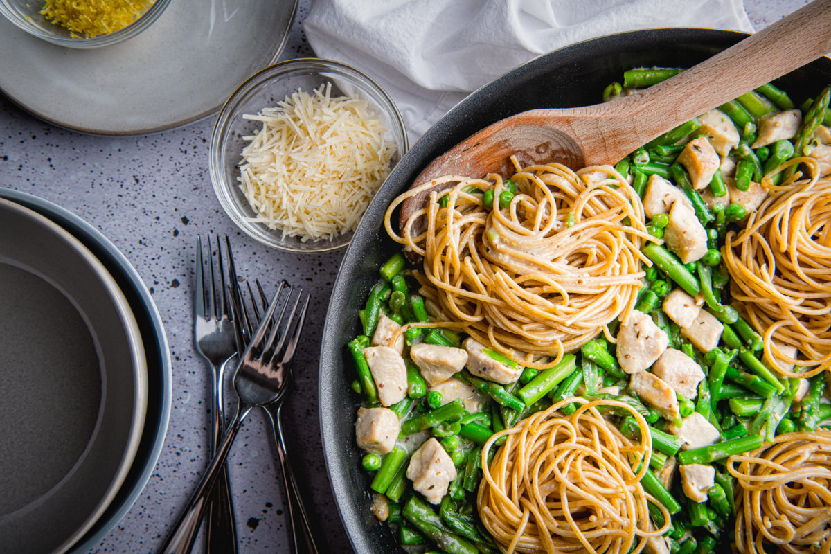 Dairy Free Creamy Lemon Asparagus Pasta in Skillet