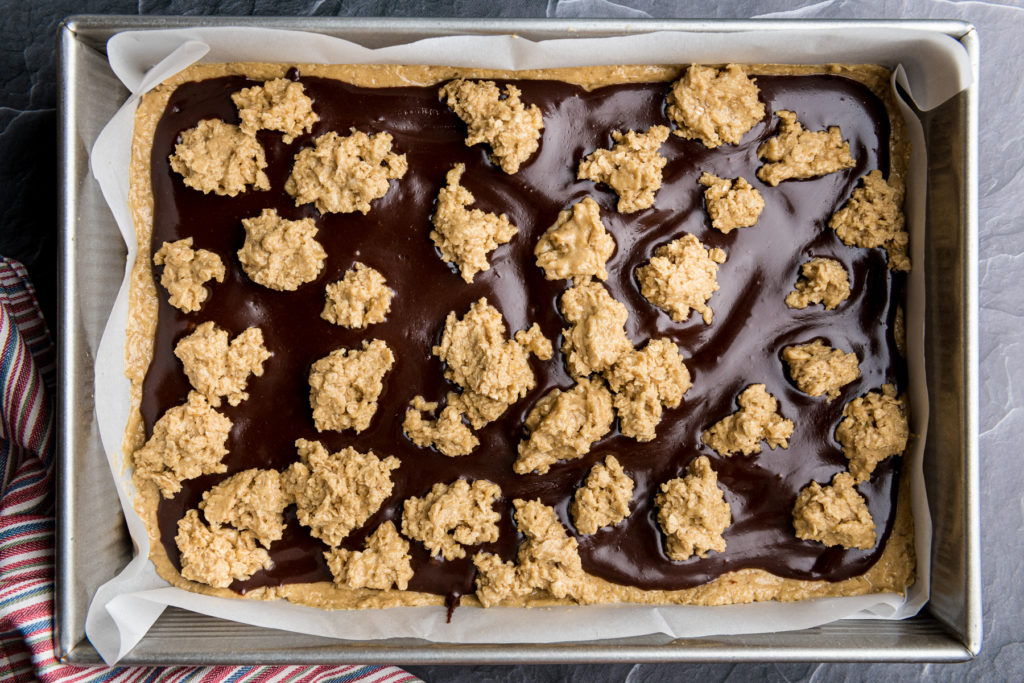 Pan of unbaked vegan fudge oatmeal bars