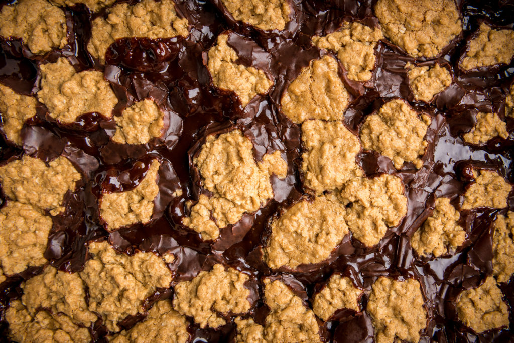 Pan of gooey fudge oatmeal bars that are top 9 allergen free