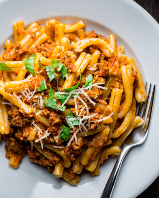 Halal ground beef Bolognese dairy-free naturally with nutritional yeast finish