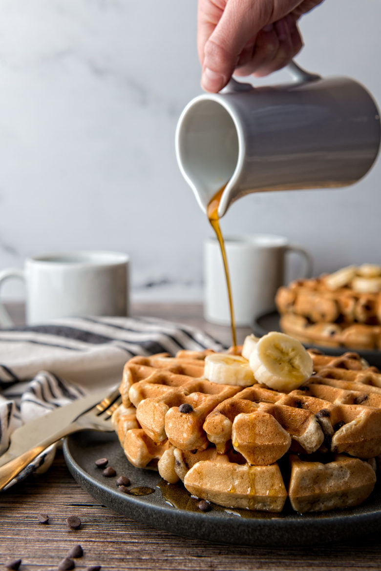 Dairy Free Gluten Free Banana Chocolate Waffles with Syrup