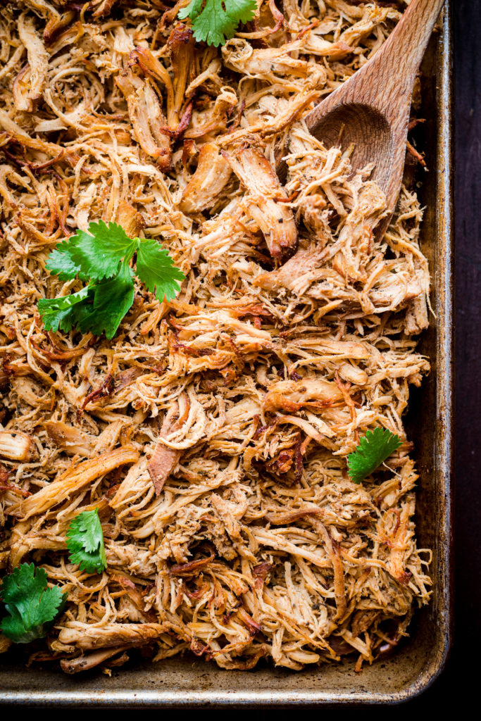 Sheet Tray of Broiled Slow Cooker Chicken Carnitas